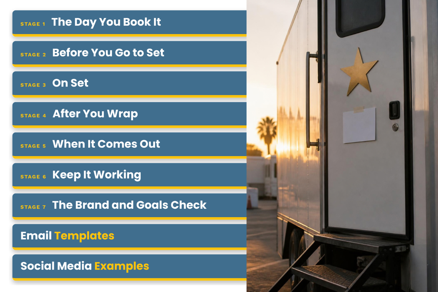Teaser Image of what is contained in the preorder bonus The Actor's Booking Checklist. The teaser reads, "Stage 1: The Day You Book It," "Stage 2: Before You Go to Set," "Stage 3: On Set," "Stage 4, After You Wrap," " Stage 5: When It Comes Out," "Stage 6: Keep It Working," "Stage 7: The Brand and Goals Check," "Email Templates," and "Social Media Examples." Next to the teaser list is a studio lot trailer door with a gold star on it.